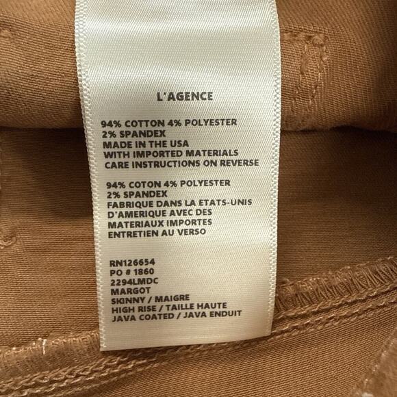 L’AGENCE Margot High Rise‎ Cropped Skinny Jeans Size 30 Java Coated Stretch - Picture 8 of 13